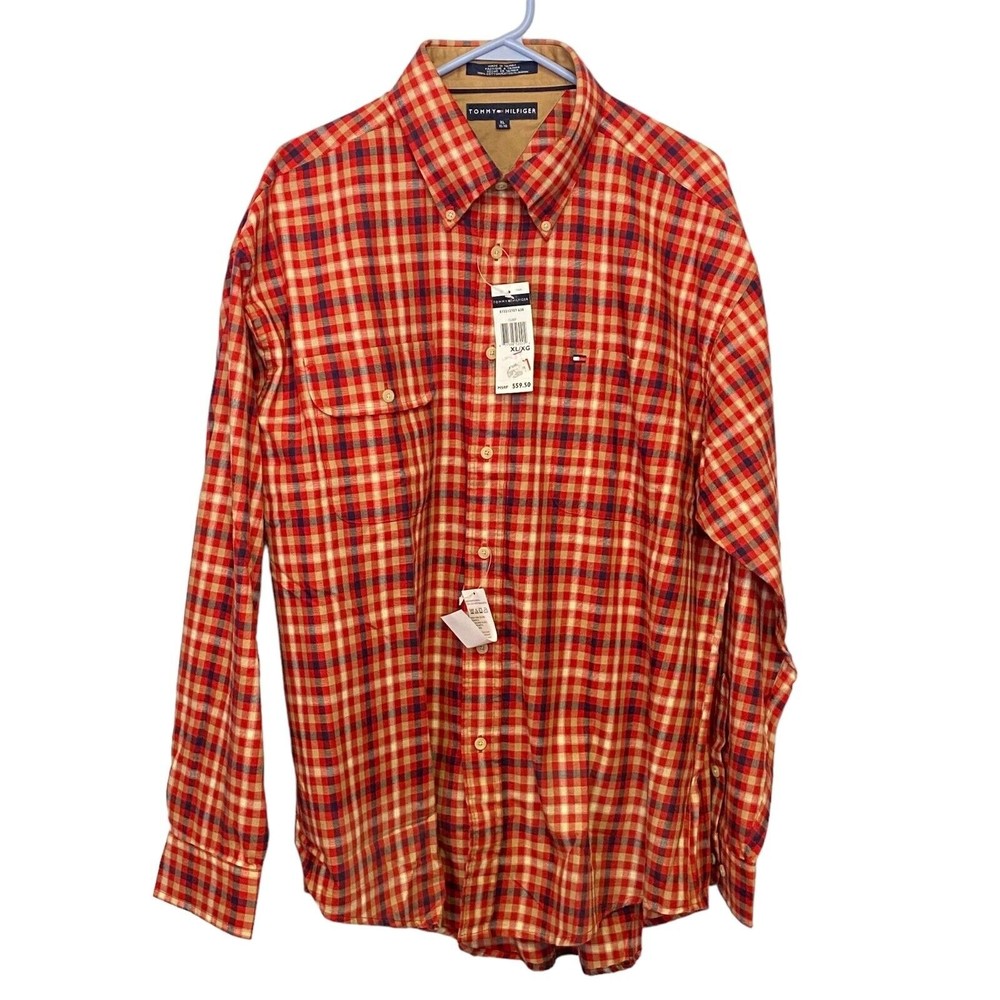 Tommy Hilfiger Button Down Shirt Men XL Plaid Red Tan Blue Brown Long Sleeve NWT